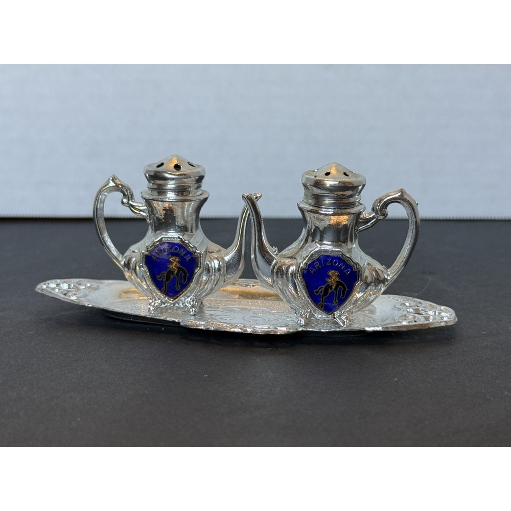 Vintage 60s Silver Tone Tea Pots Tray Arizona Souvenir Salt & Pepper Shakers Set